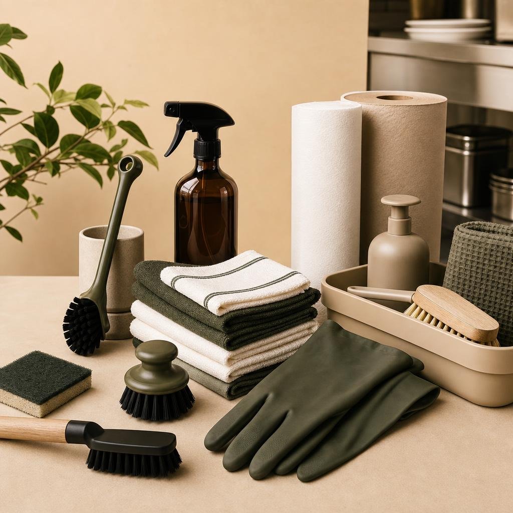 Cleaning supplies and consumables arranged for a professional kitchen