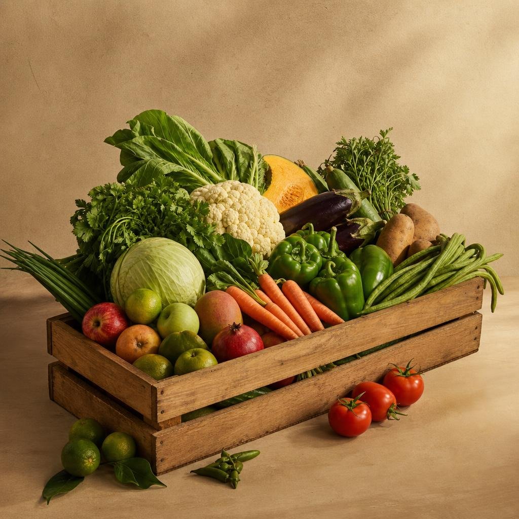 Fresh vegetables and fruits arranged for foodservice