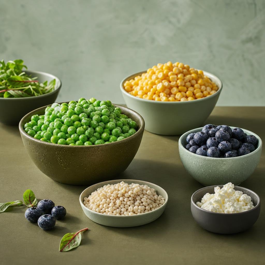 Frozen vegetables, fruit and specialty ingredients in bowls