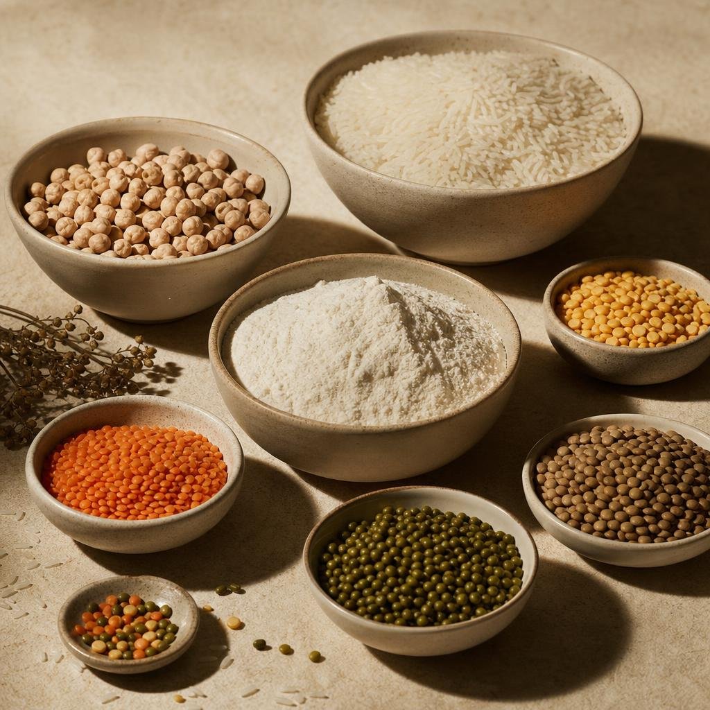 Rice, flour, chickpeas and pulses in bowls