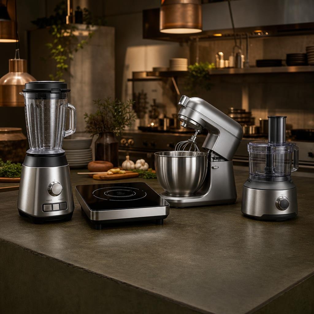 Professional kitchen appliances on a stainless counter