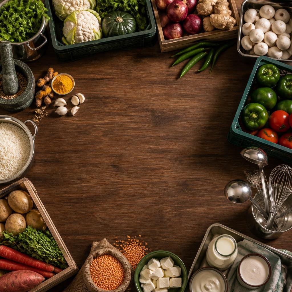 Fresh Indian vegetables and kitchen supplies arranged for a professional foodservice order