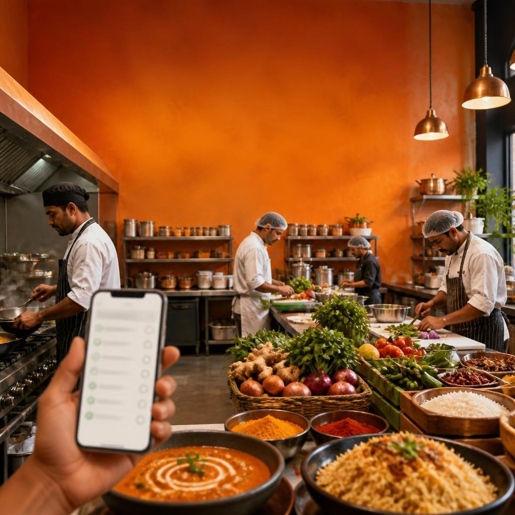 Indian foodservice ingredients and menu preparation in a professional kitchen